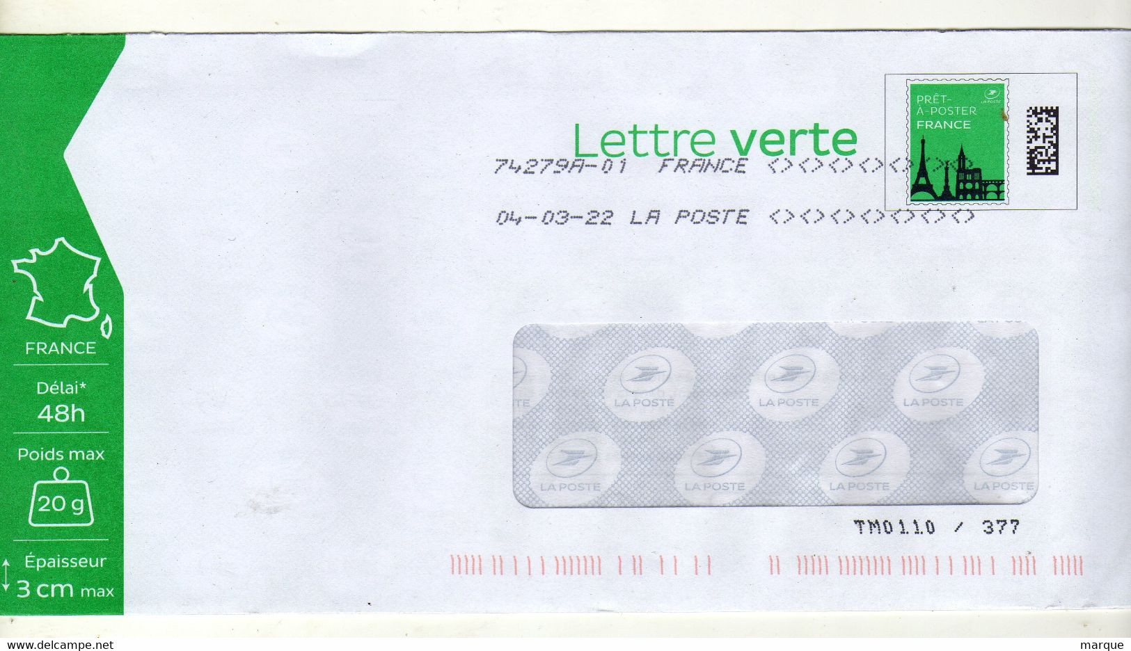 Enveloppe FRANCE Prêt à Poster Lettre Verte Oblitération LA POSTE 74279A-01 04/03/2022 - Prêts-à-poster:  Autres (1995-...)