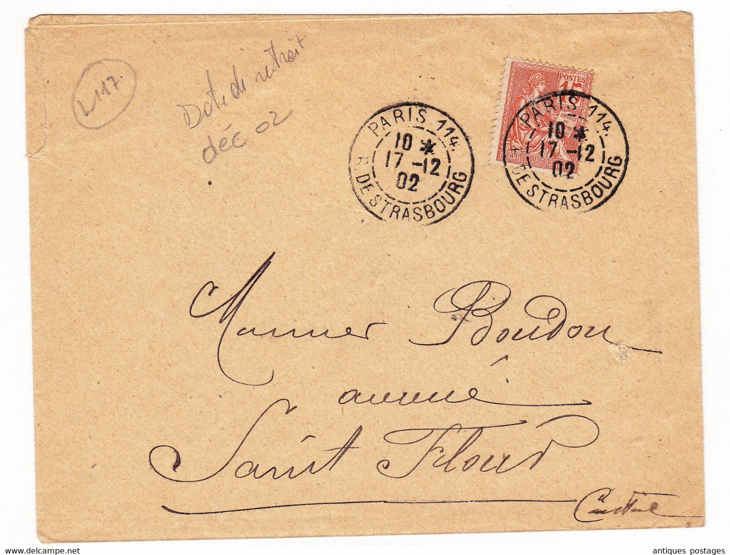 Lettre 1902 Paris Boulevard De Strasbourg Pour Saint Flour Cantal Timbre Mouchon - 1900-02 Mouchon