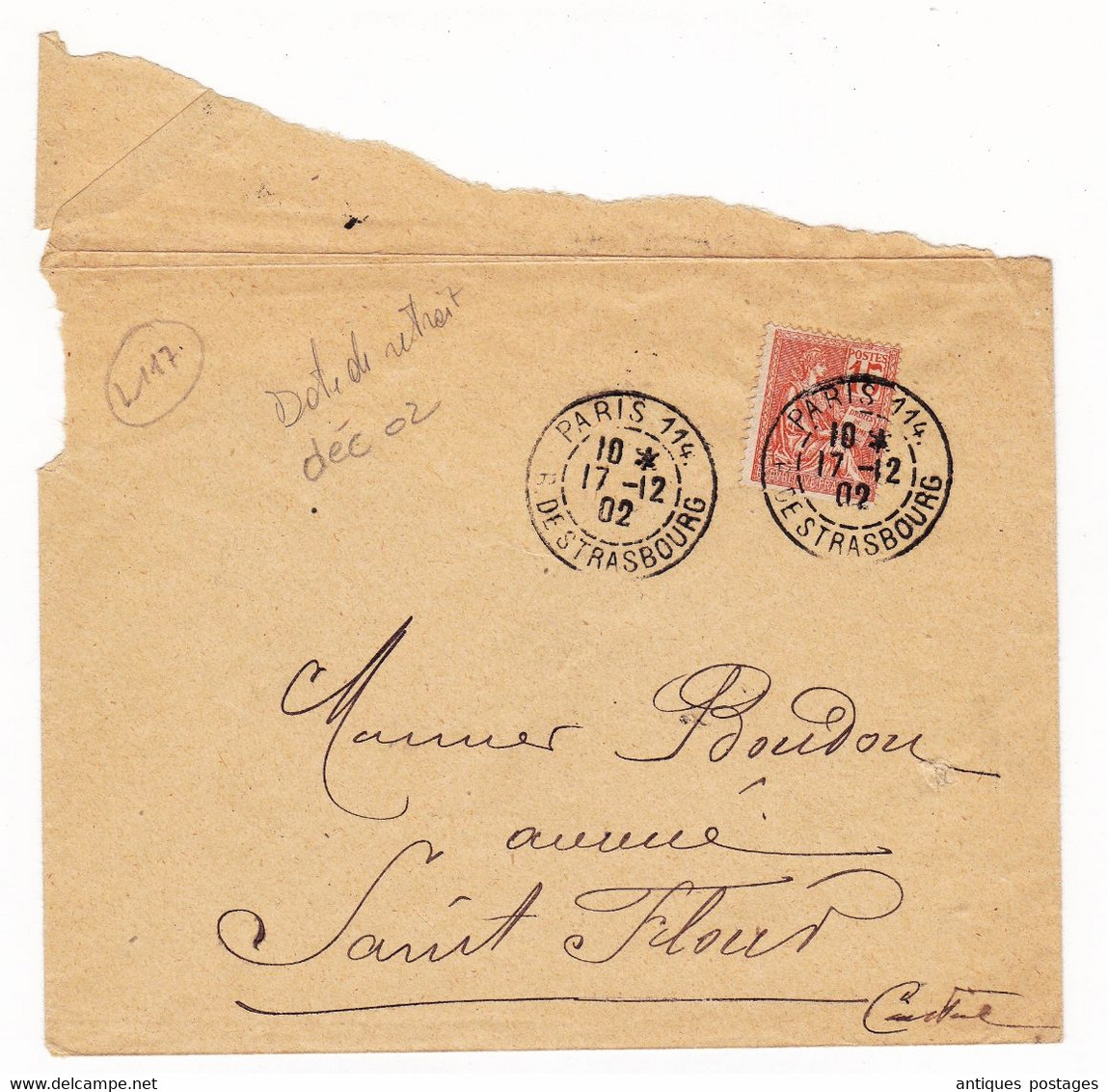 Lettre 1902 Paris Boulevard De Strasbourg Pour Saint Flour Cantal Timbre Mouchon - 1900-02 Mouchon