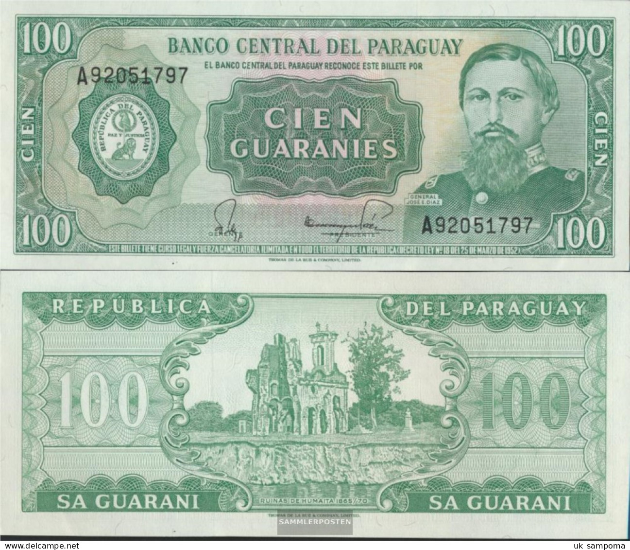 Paraguay Pick-number: 205 Uncirculated 1982 100 Guaranies - Paraguay