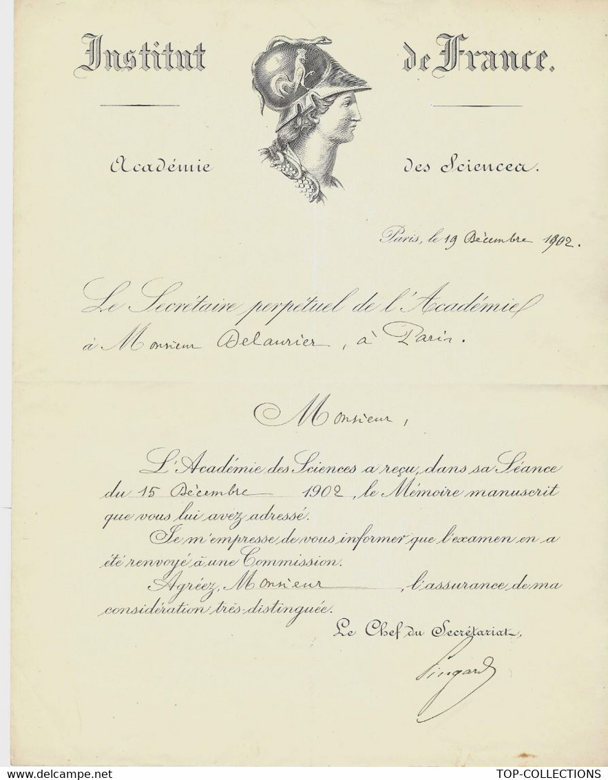 ENTETE INSTITUT DE FRANCE ACADEMIE DES SCIENCES 1902 PINGARD SECRETAIRE à Mr DELAURIER PARIS V.SCANS - Historische Documenten