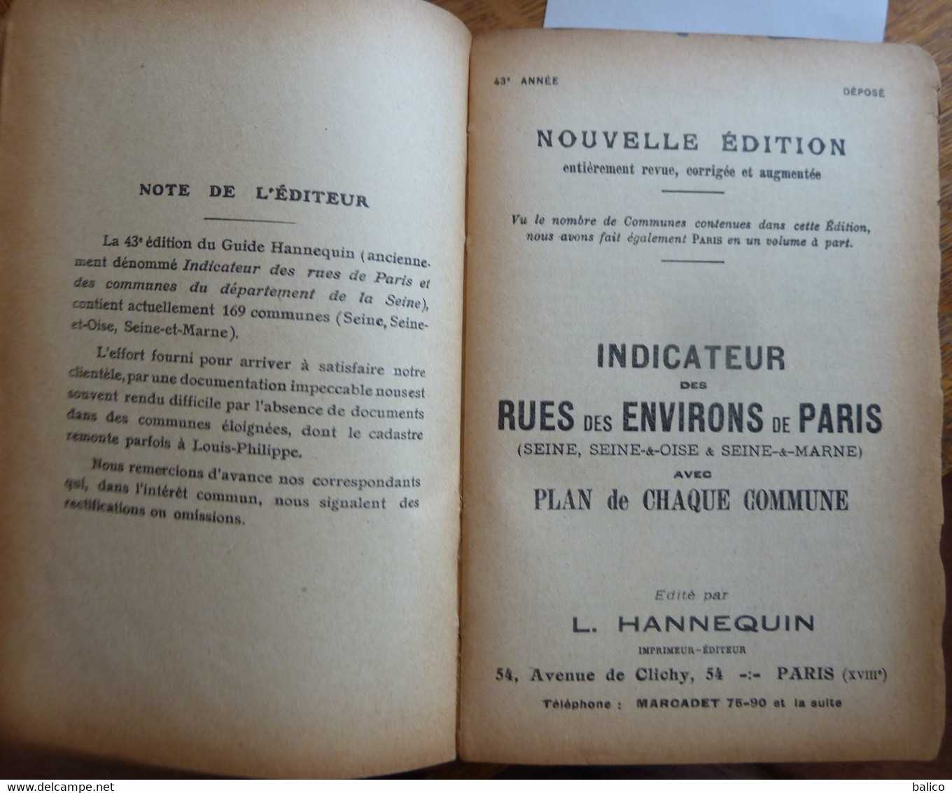 Guide HANNEQUIN - Indicateur Des Rues De Paris Et Des Environs De Paris Avec Plans 43ème Année - 1938 - Michelin (guide)