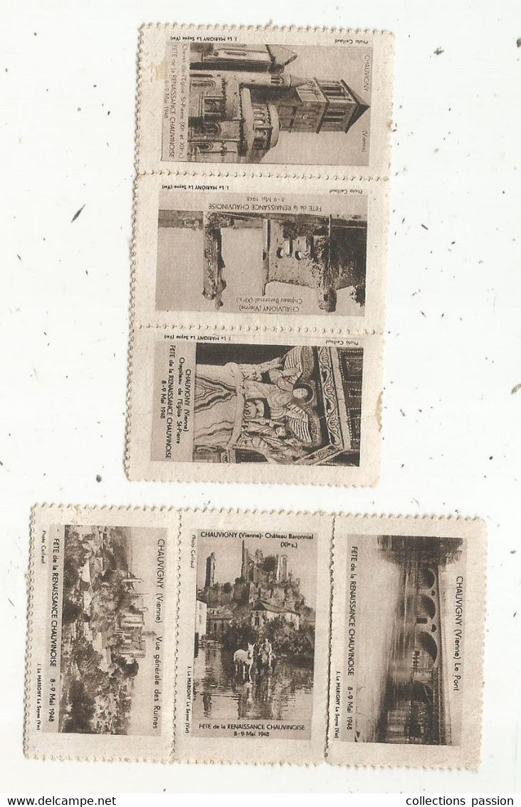 JC , Vignette, 3 Scans , 2 Bloc De 3, Vienne, CHAUVIGNY , Fête De La Renaissance Chauvinoise , 1948,  LOT DE 6 VIGNETTES - Tourism (Labels)