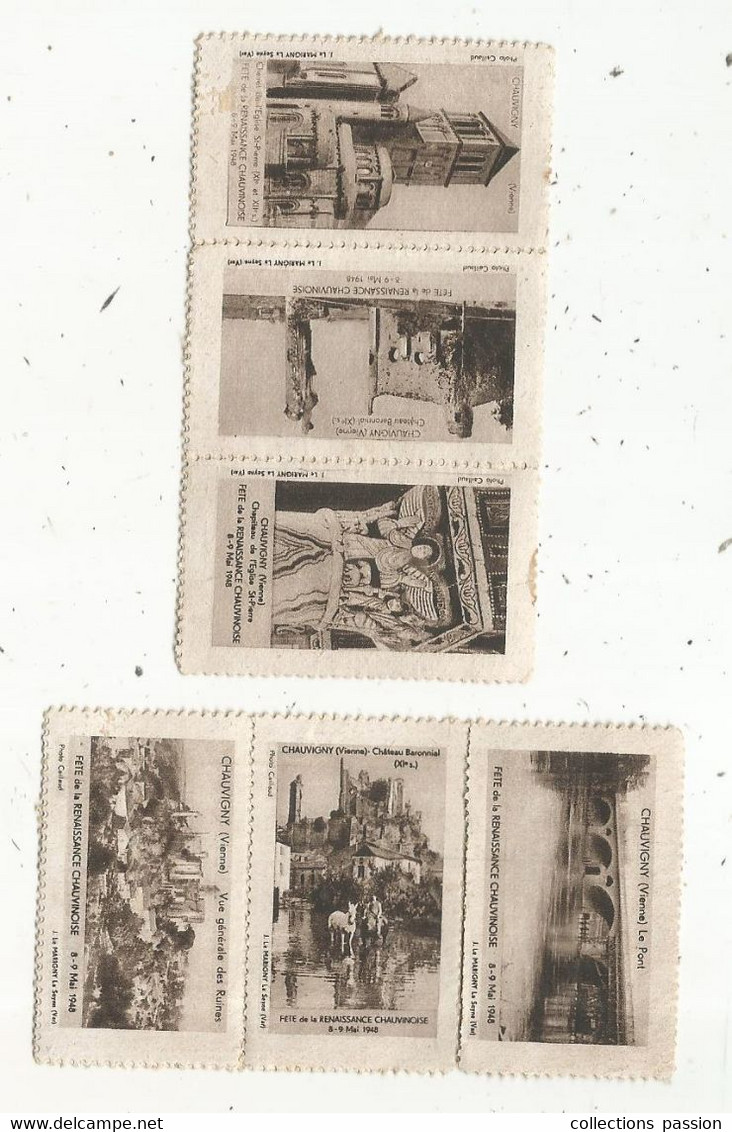 JC , Vignette, 3 Scans , 2 Bloc De 3, Vienne, CHAUVIGNY , Fête De La Renaissance Chauvinoise , 1948,  LOT DE 6 VIGNETTES - Tourismus (Vignetten)