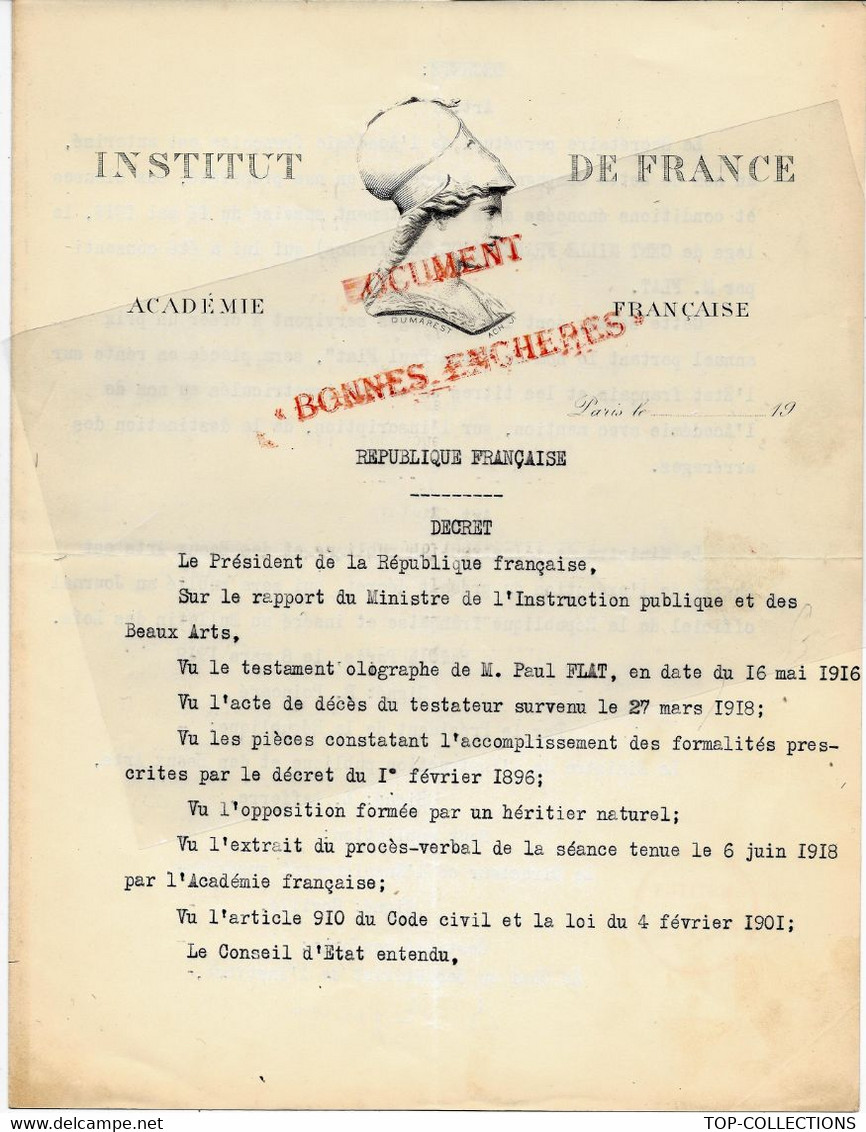 1919 ENTETE INSTITUT DE FRANCE ACADEMIE FRANCAISE TESTATMENT Paul Flat Et Prix Annuel B.E.V.SCANS - Documents Historiques