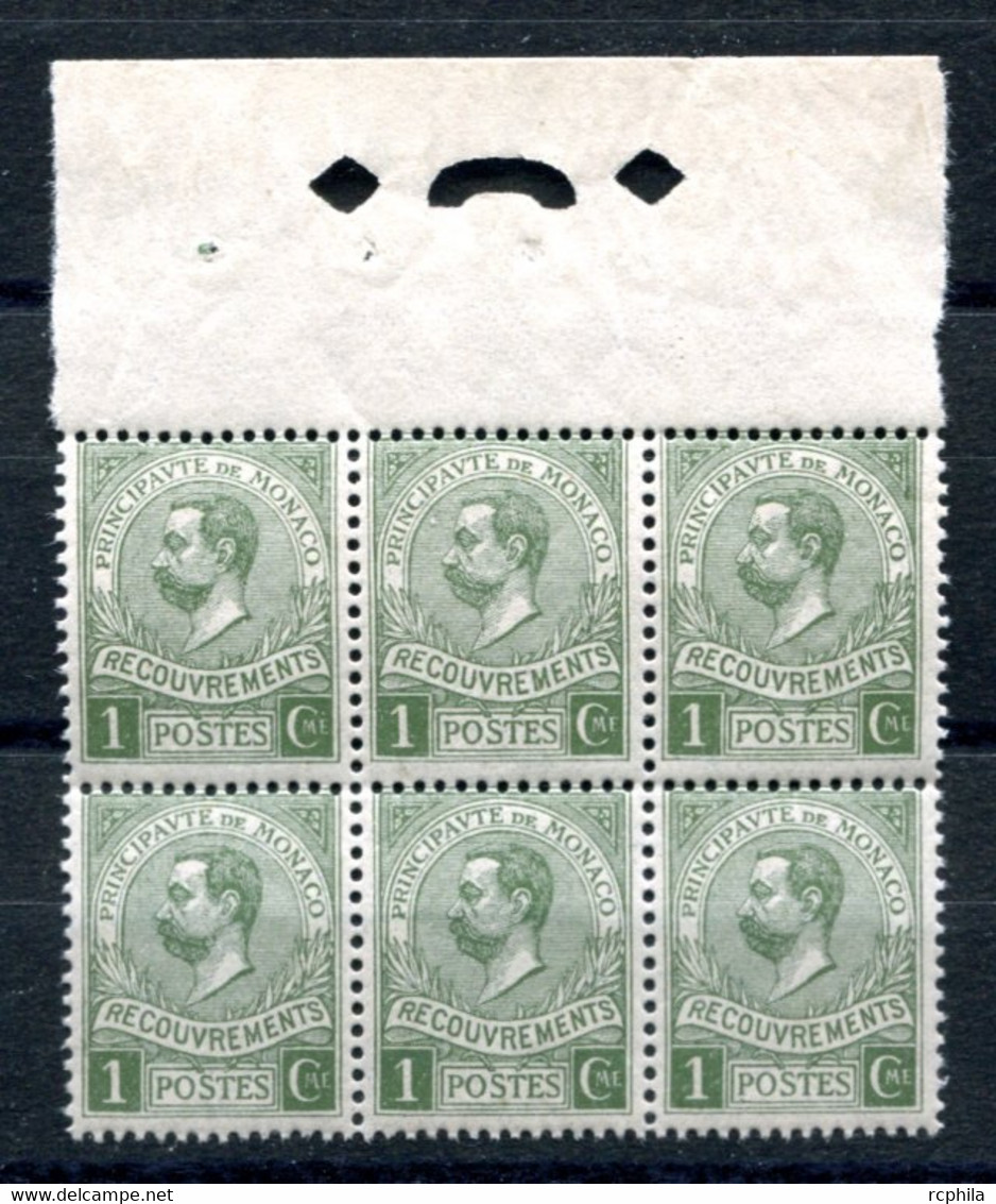 RC 22927 MONACO COTE 30€ TAXE N° 8  - 1c VERT EN BLOC DE 6 BORD DE FEUILLE AVEC PERFORATIONS NEUF ** MNH - Strafport