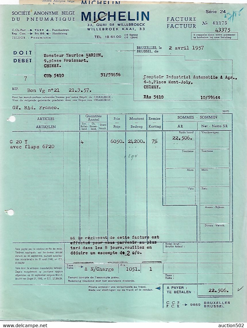 F68/ Facture S.A.Belge Du Pneumatique Michelin Bruxelles 1957 > Comptoir Automobile Chimay - Auto's