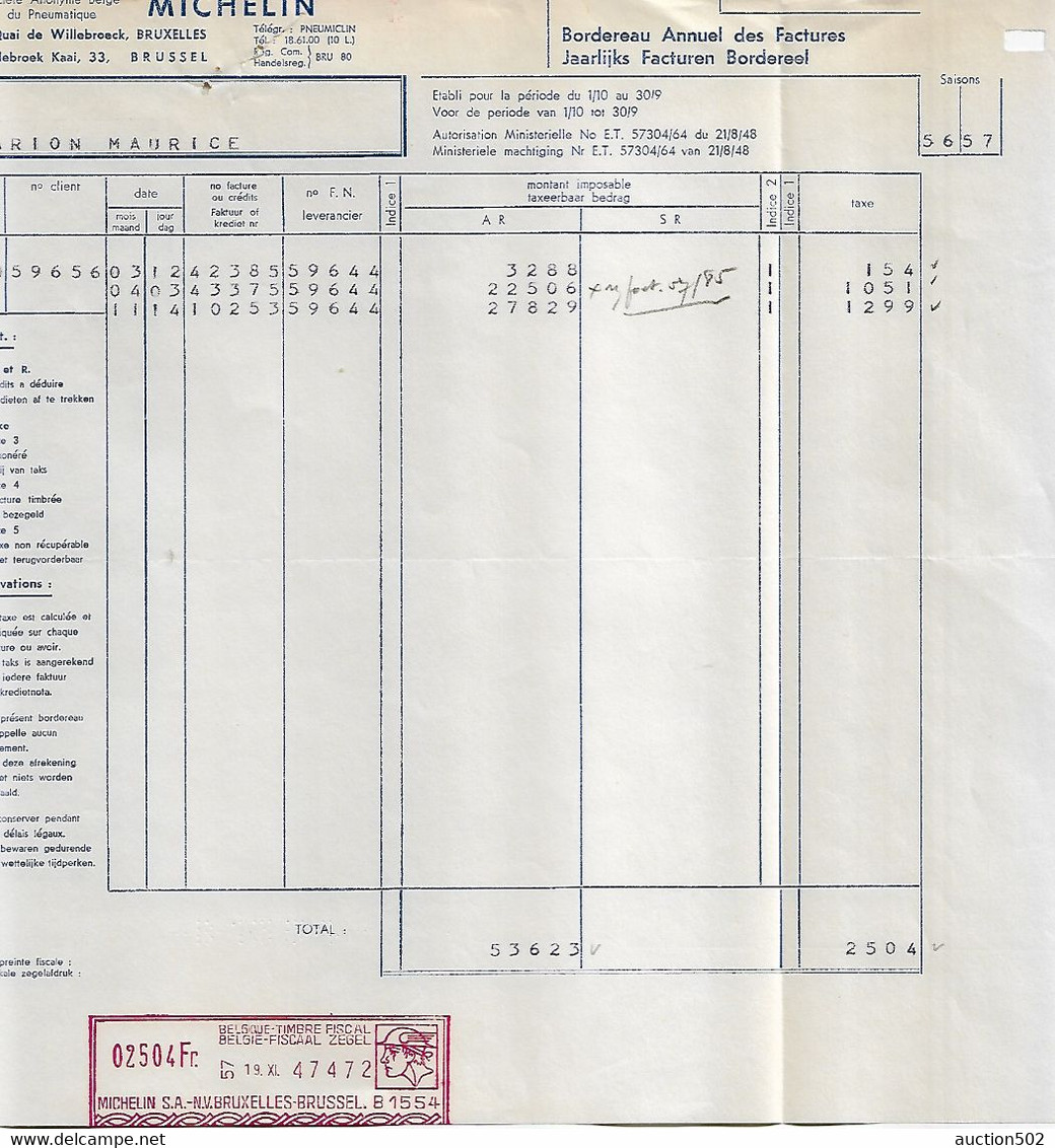 F68/ Facture S.A.Belge Du Pneumatique Michelin Bruxelles 1957 > Comptoir Automobile Chimay - Automobile