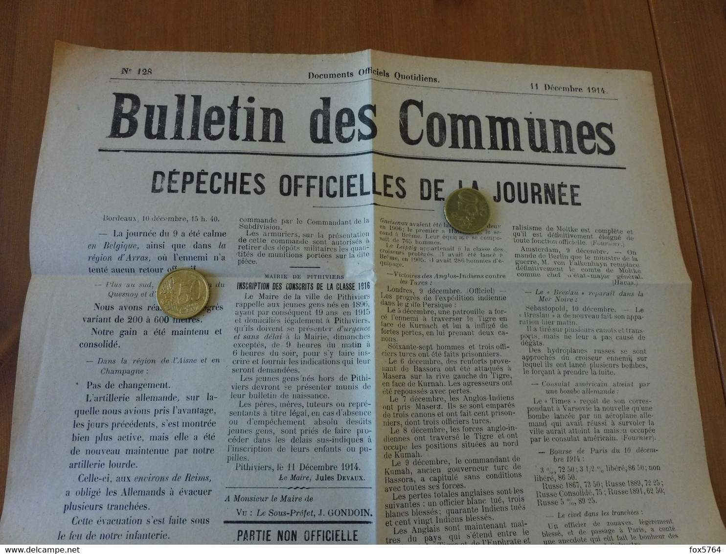 WW1 / BULLETIN INFORMATION / DEPECHES DU FRONT / VILLE DE PITHIVIERS / LOIRET / ORIGINAL 1914 - Autres & Non Classés