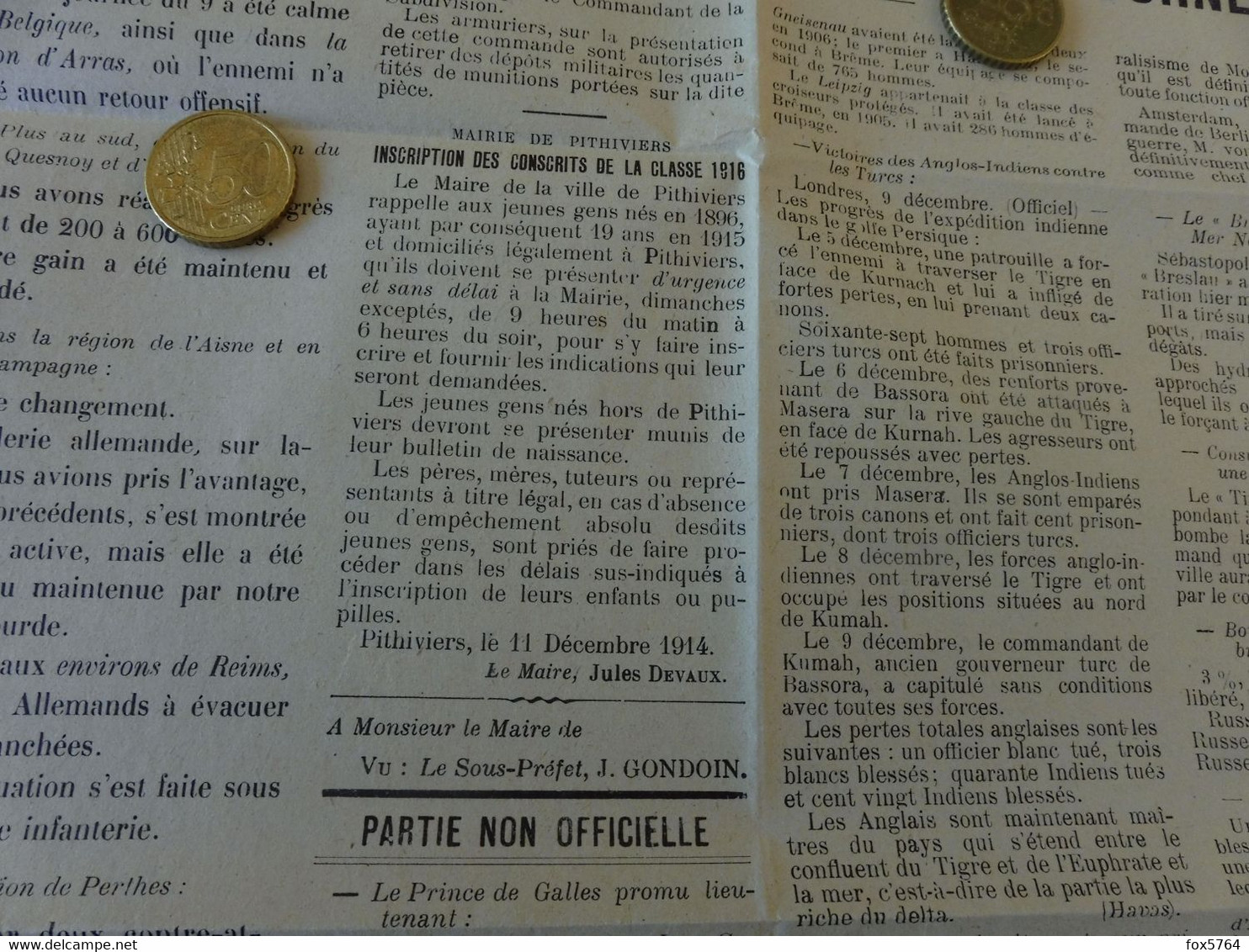 WW1 / BULLETIN INFORMATION / DEPECHES DU FRONT / VILLE DE PITHIVIERS / LOIRET / ORIGINAL 1914 - Autres & Non Classés