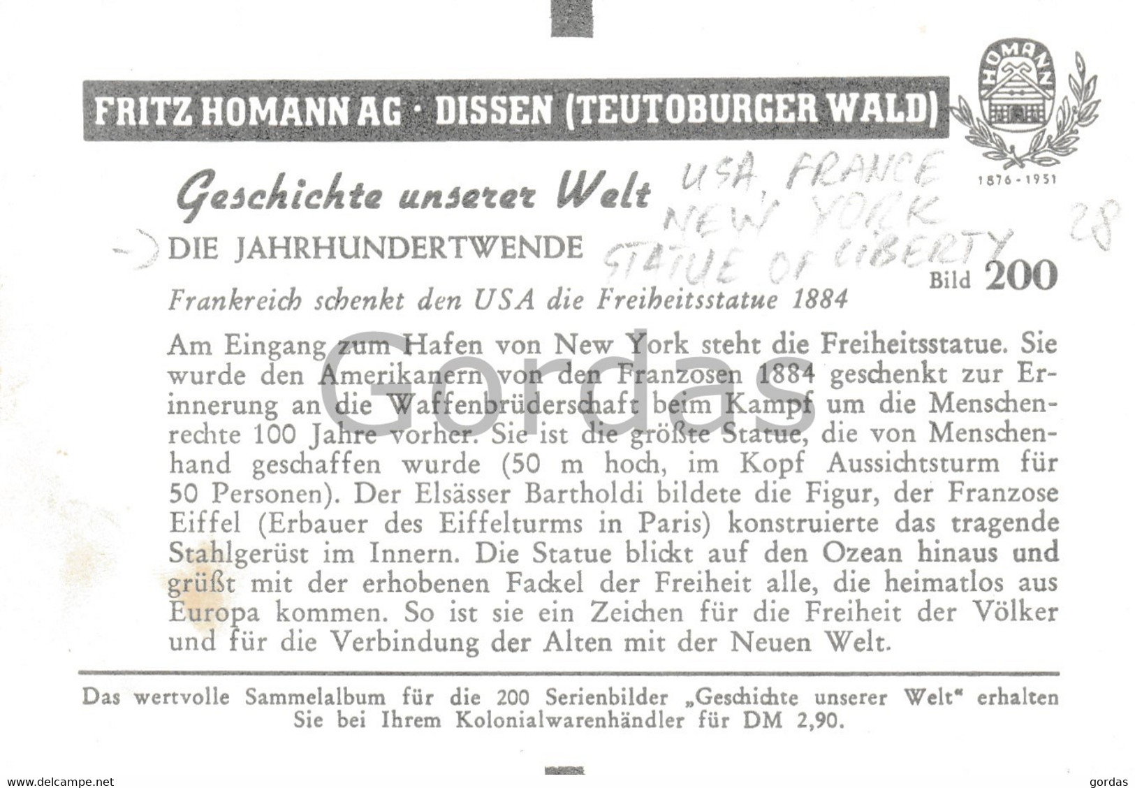 Germany - Fritz Homann AG - Dissen - Serienblider "Geschichte Unserer Welt" - USA - New York City - Statue Of Liberty - Ellis Island