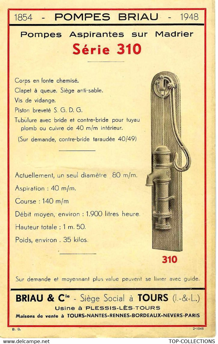 1948 CATALOGUE POMPES BRIAU  à Tours Et  Usine à Plessis Les Tours Indre Et Loire - Pubblicitari