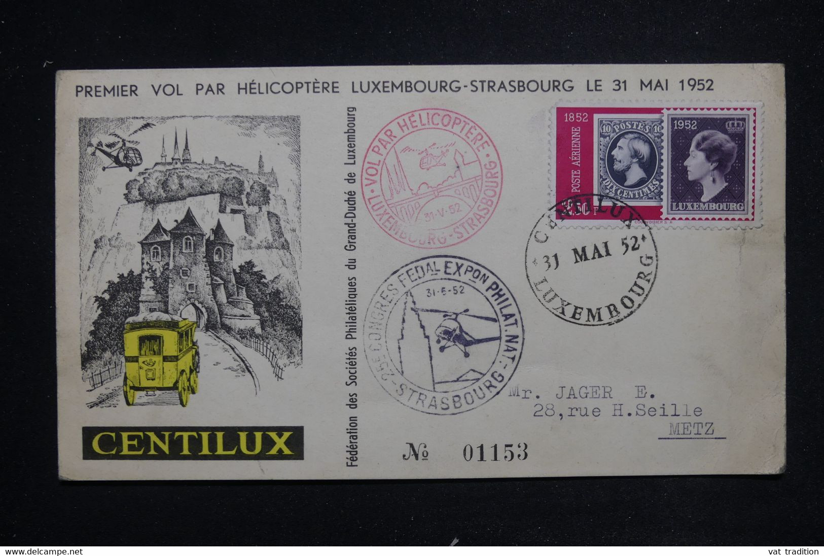 LUXEMBOURG - Carte Par 1er Vol Par Hélicoptère Luxembourg/ Strasbourg En 1952 - L 121588 - Lettres & Documents