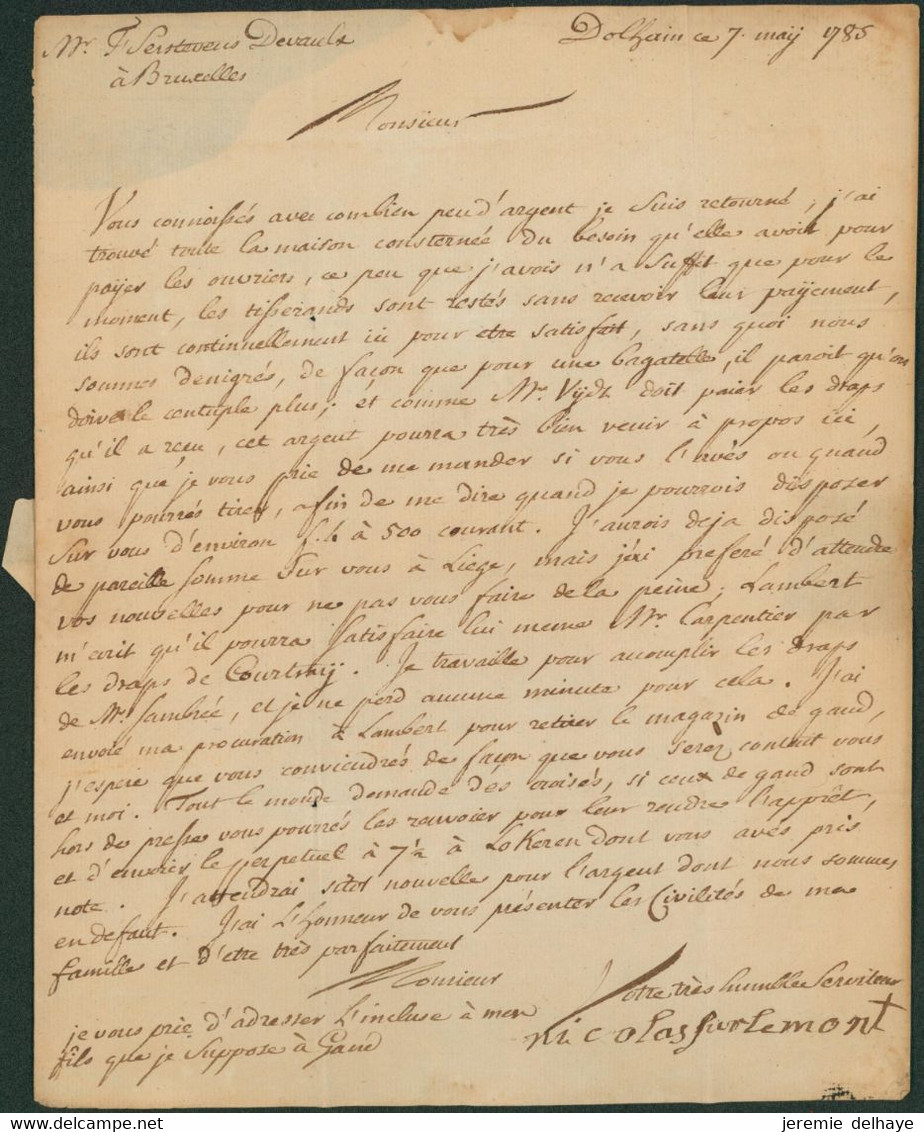 Précurseur - LAC Datée De Dolhain (1785) + Lettre "B" Dans Un Cercle (Battice) + Manusc. "De Limbourg Aux Paÿs Bas" > Br - 1714-1794 (Austrian Netherlands)