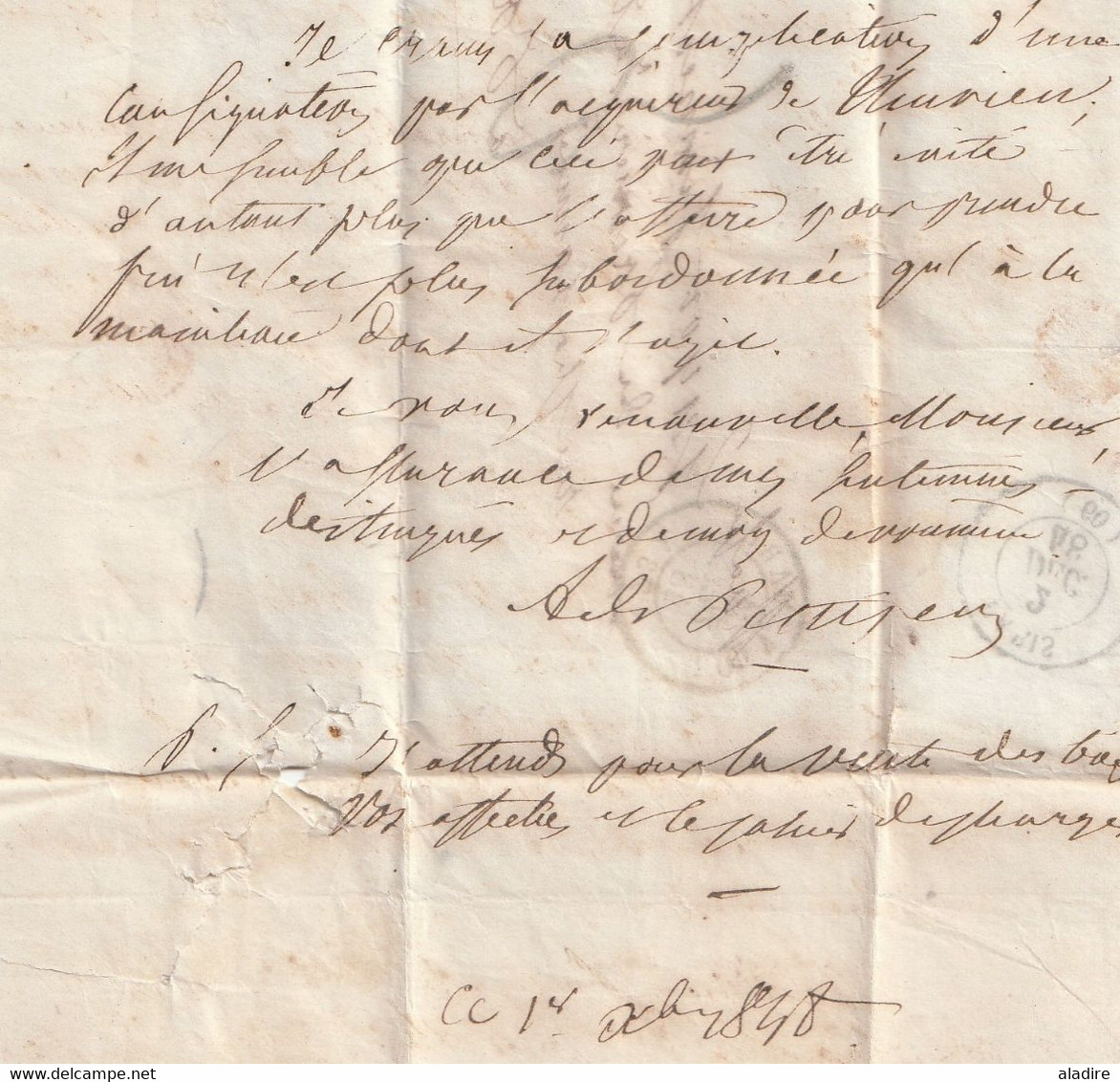 1848 - Lettre pliée avec correspondance de 3 pages de Dammarie ?, Seine et Marne  vers Paris - taxe 3 - cad d'arrivée