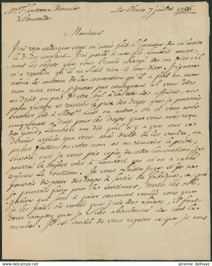 Précurseur - LAC Datée De Dolhain (1786) + Lettre "B" Dans Un Cercle (Battice) > Bruxelles - 1714-1794 (Paises Bajos Austriacos)