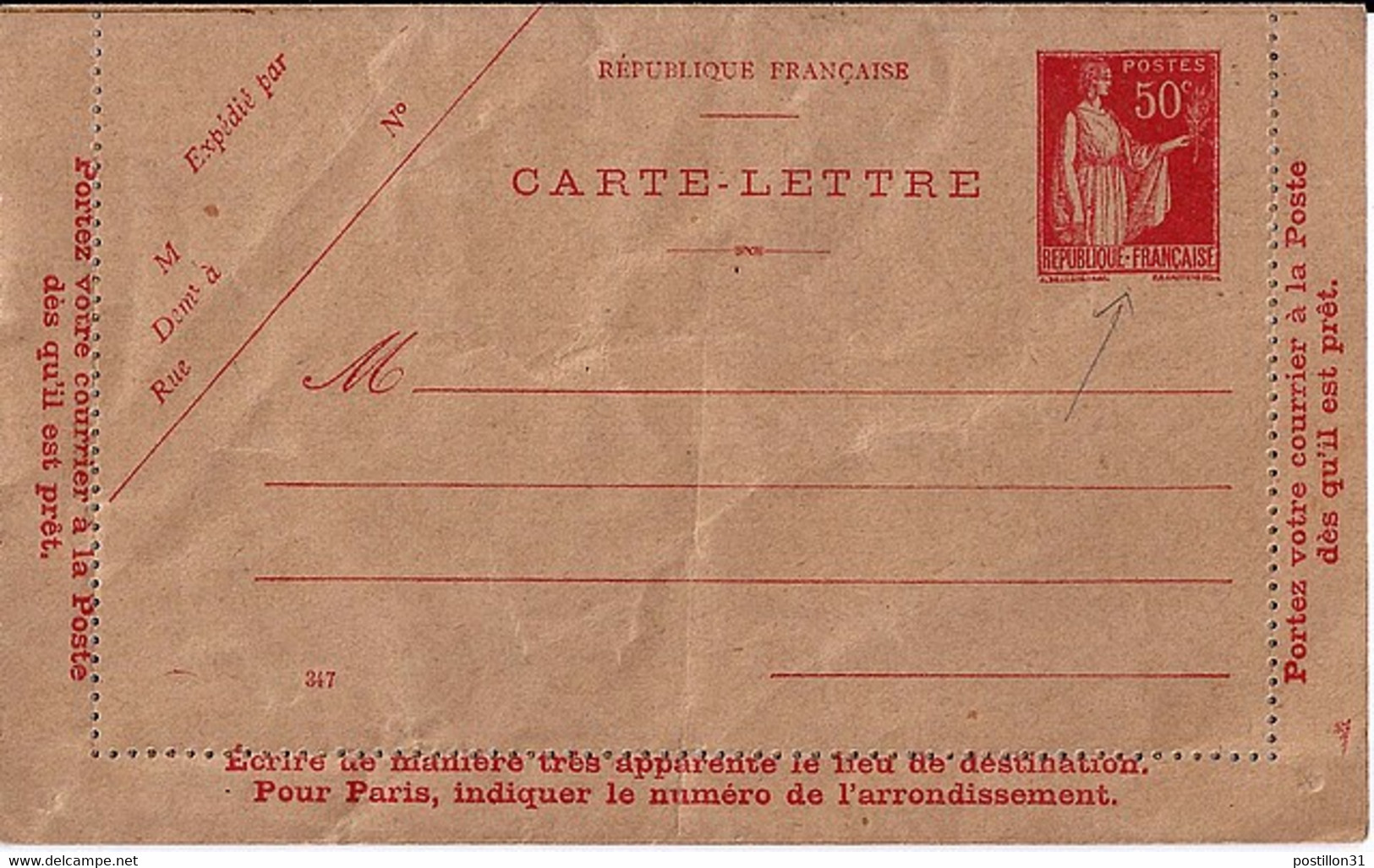 TYPE PAIX N° 283 CL1  ENTIER POSTAL NEUF (date 347) - 1932-39 Peace