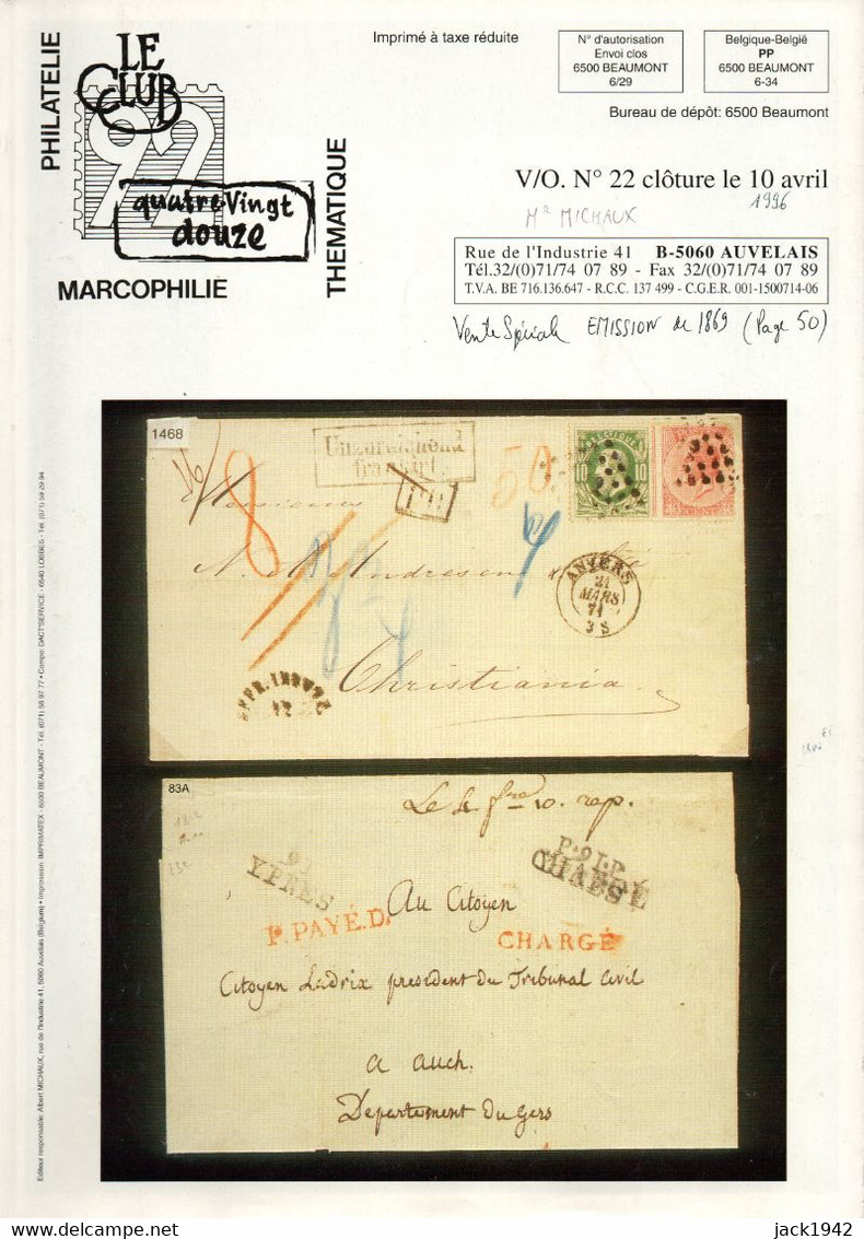 Belgique - Vente Collections Spécialisées émission De 1869: Club Le Meilleur (1996) + Coll. J. Courcelles 10c Vert (1997 - Cataloghi Di Case D'aste