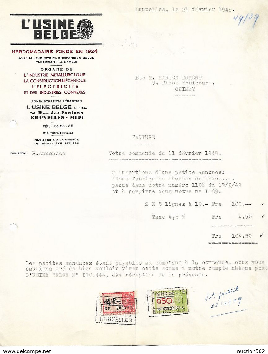 F71/Facture L'Usine Belge Organe Industrie Métallurgique,Electricité Constructions Méc. 1949 > Dumont Chimay TP Fiscaux - Électricité & Gaz