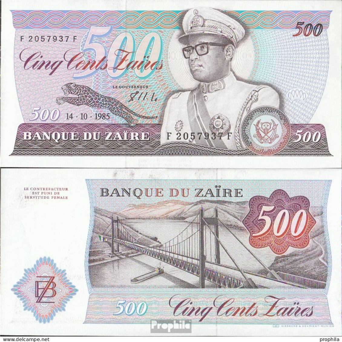 Zaire Pick-Nr: 30b Bankfrisch 1985 500 Zaires - Zaïre