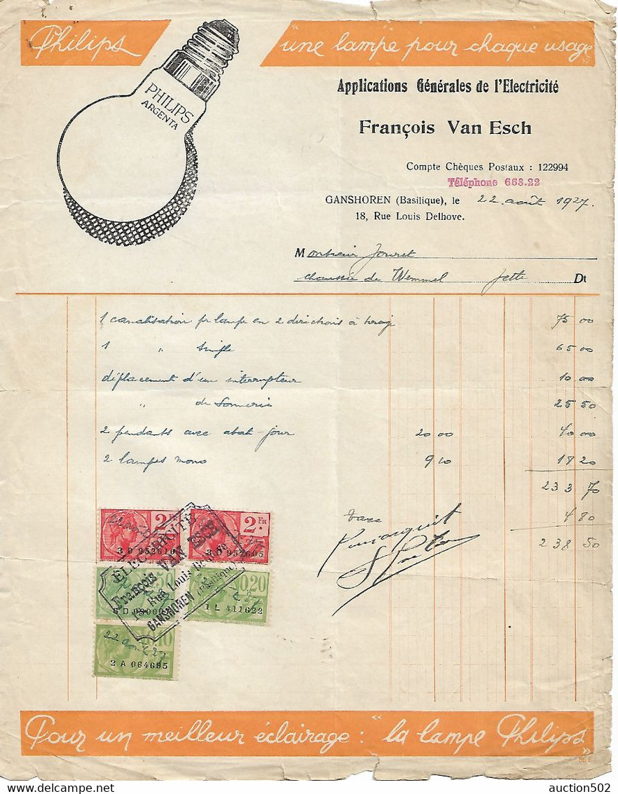 F74/ Facture F.Van Esch Applications Générales D'Electricité Lampe Philips Argenta Ganshoren 1927 > Jette TP Fiscaux - Elektriciteit En Gas