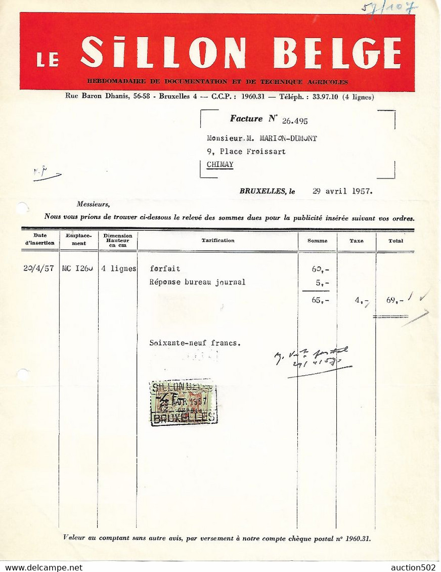 F76/ Facture Le Sillon Belge Documentation E Technique Agricole Bruxelles 1957 > Marion-Dumont Chimay - Agricultura
