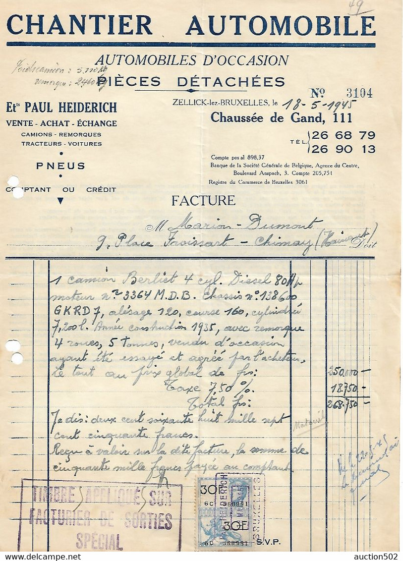 F77/Facture Chantier Automobile-Automobiles D'Occasion, Pièces Détachées Zellik 1945 > Marion - Dumont Chimay TP Fiscaux - Auto's