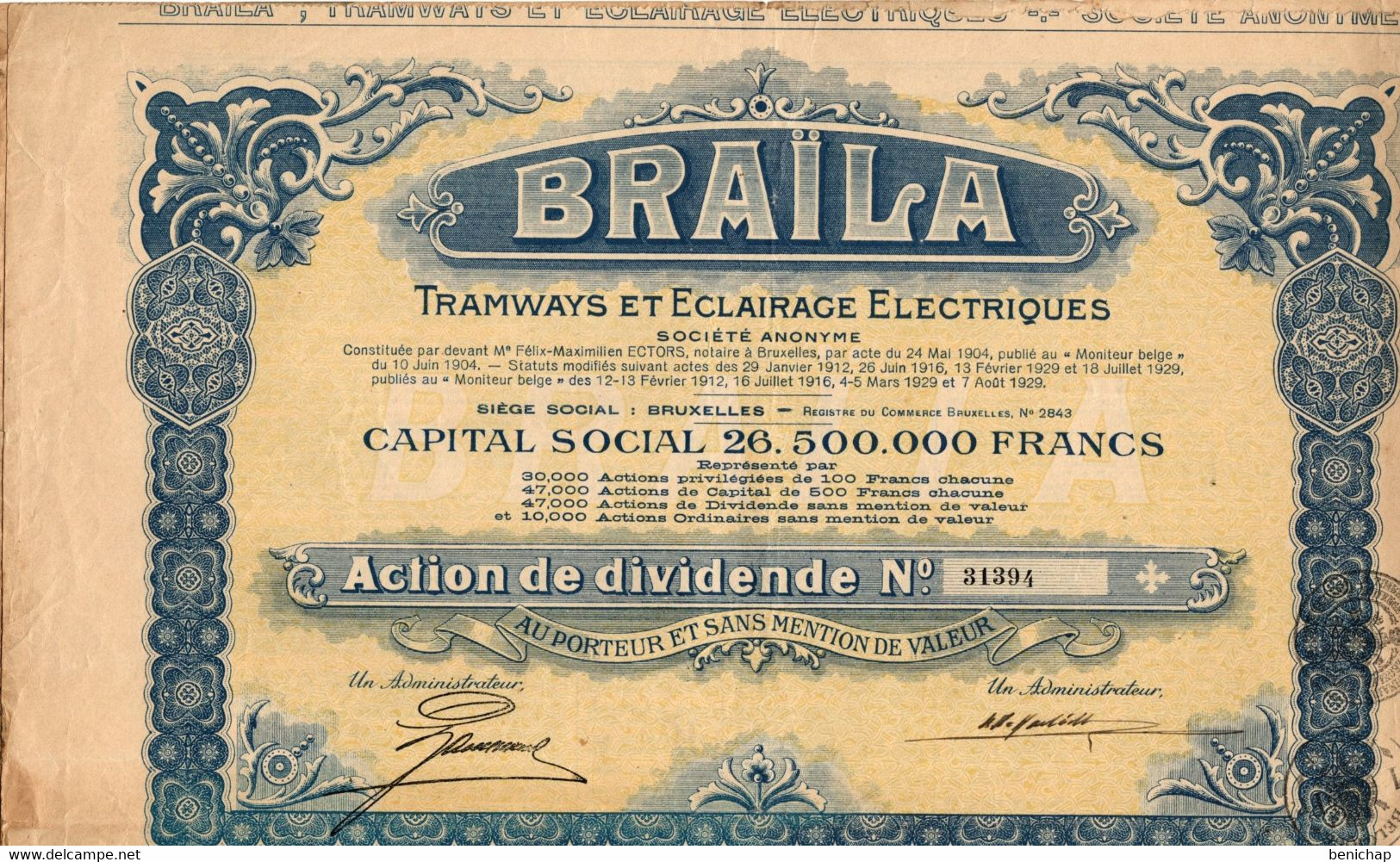 Braïla - Tramways Et Eclairage Electriques - Action De Dividende Au Porteur - Bruxelles Août 1929 - Banque & Assurance