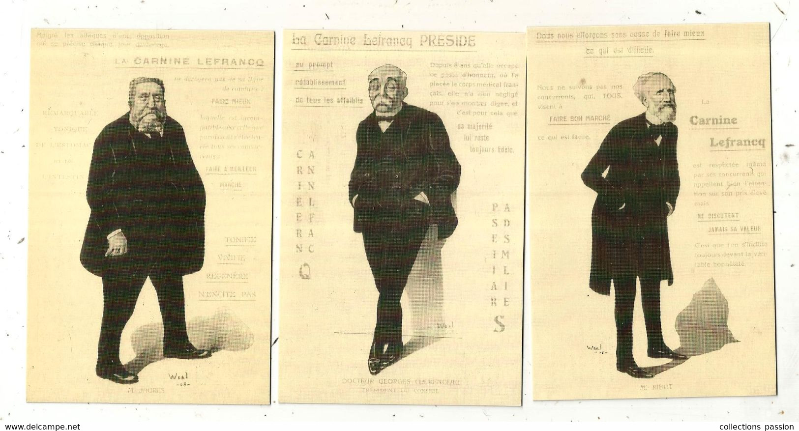 Cp , Reproduction , Publicité : LA CARMINE LEFRANCQ, Politique: Jaures ,Ribot, Clémenceau , LOT DE 3 CARTES POSTALES - Werbepostkarten