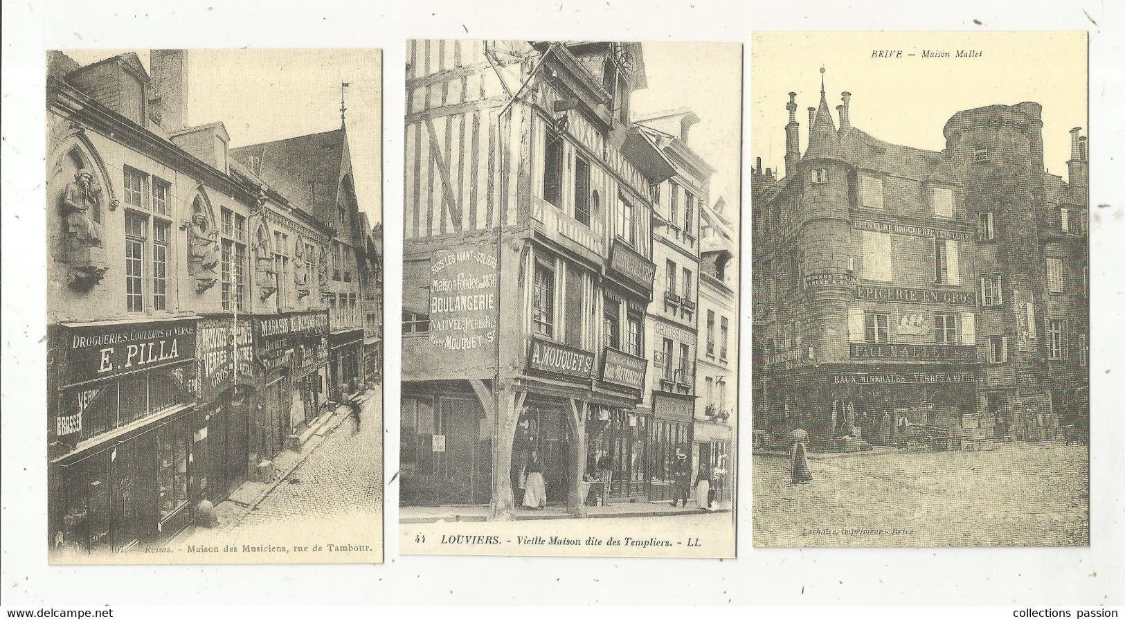 Cp, Reproduction, COMMERCE, Magasin, Brive, Louviers ,Reims, épicerie, Boulangerie, Droguerie , LOT DE 3 CARTES POSTALES - Geschäfte