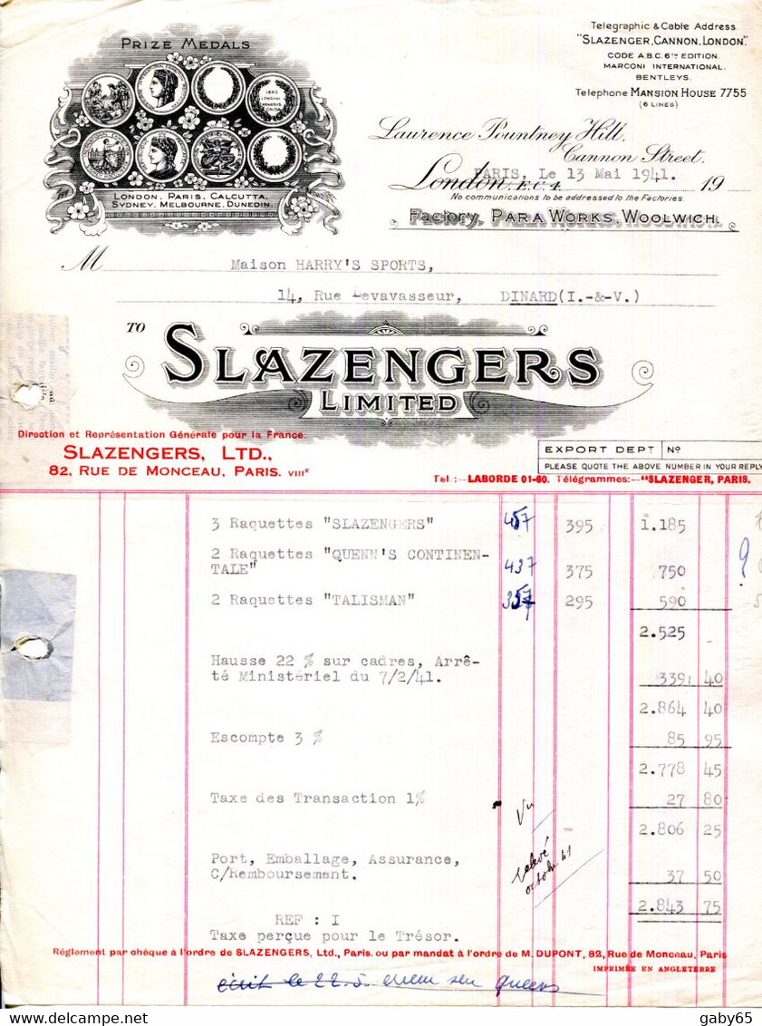 FACTURE.ANGLETERRE.LONDON.MATERIELS DE SPORTS SLAZENGERS LIMITED. - Sport En Toerisme