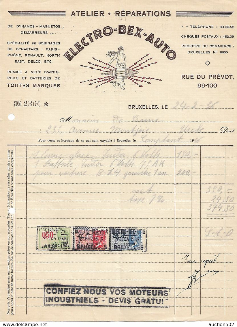 F83/ Facture Electro-Bex-Auto Atelier-Réparations Bruxelles 1936 > De Craene Uccle TP Fiscaux - Elektriciteit En Gas