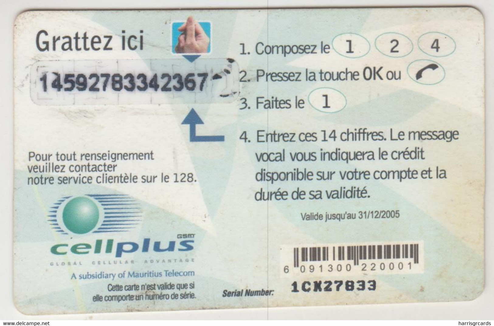 MAURITIUS ISLAND - Two Cellphones, Expiry Date:31/12/2005,Cellplus Complis Recharge, 125 Rs, Used - Maurice