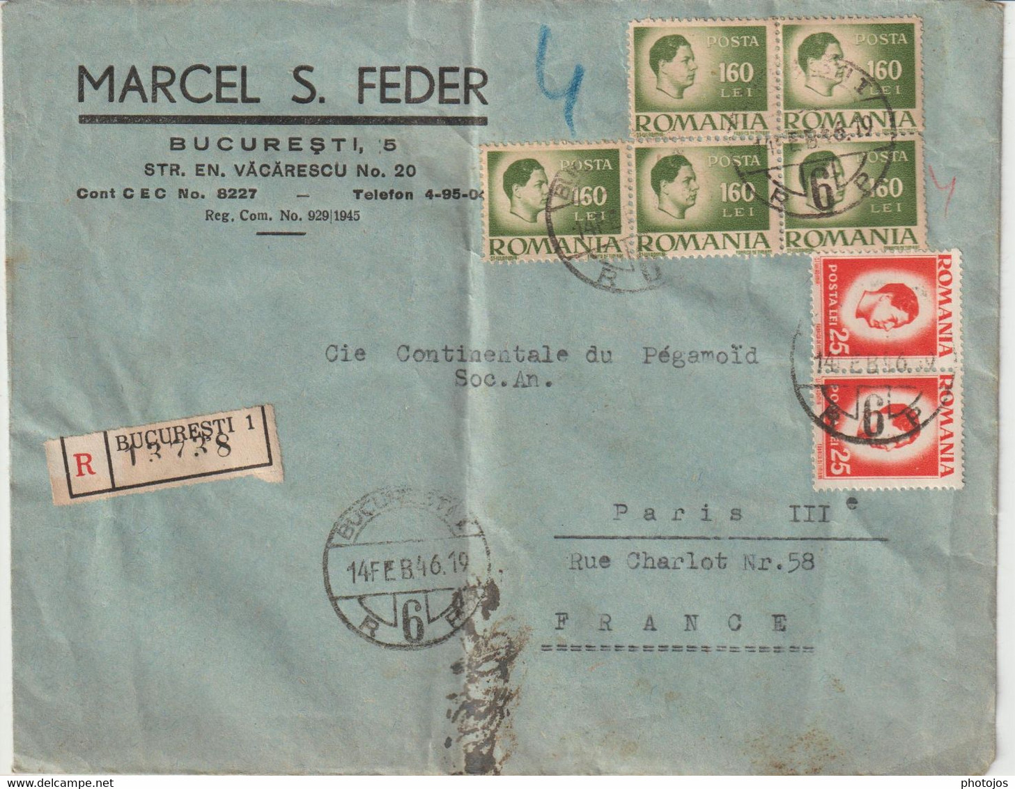 Enveloppe  Lettre Recommandée De Bucuresti Roumanie à Paris Affranchie 1946 De Marcel Feder - Variedades Y Curiosidades