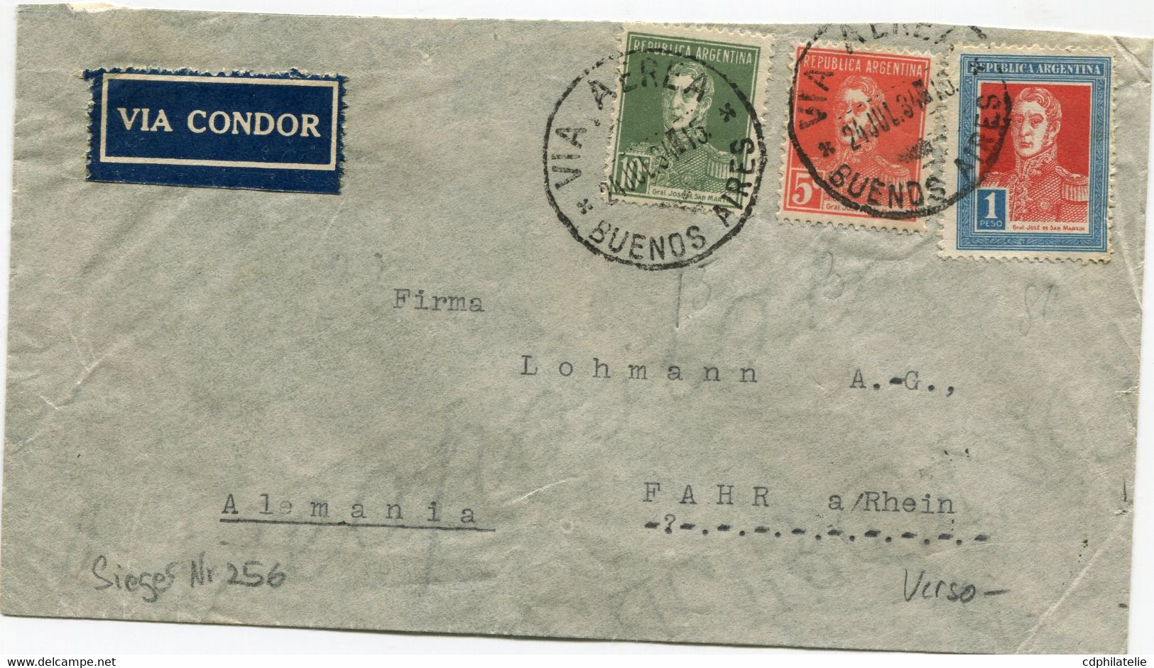 ARGENTINE LETTRE VIA CONDOR DEPART VIA AEREA 24 JUL 34 BUENOS AIRES POUR L'ALLEMAGNE - Luftpost