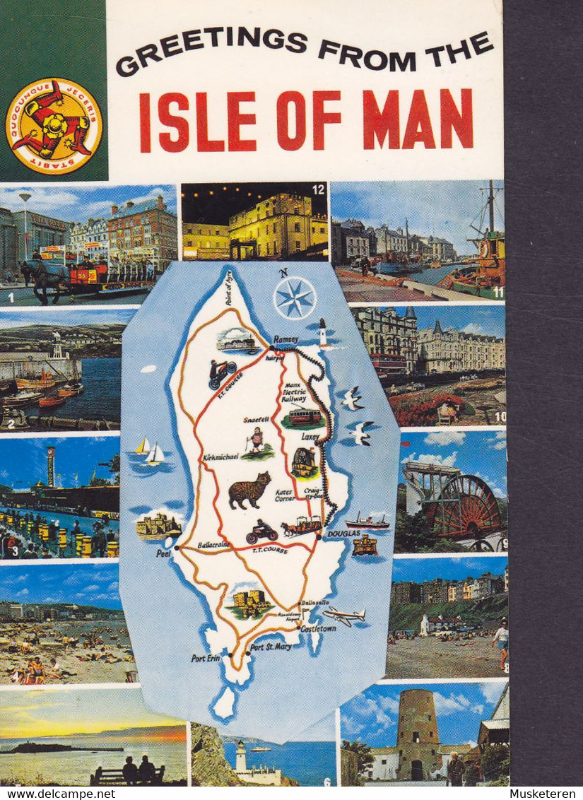 PPC Greetings From Isle Of Man Map Landkarte Slogan ' MGP Motorcycle Races' DOUGLAS 1972 QEII. Regional Stamp (2 Scans) - Sin Clasificación