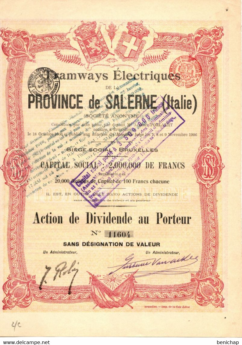 Tramways Electrique De La Province De Salerme(Italie) - Action De Dividende Au Porteur - Bruxelles Novembre 1906. - Ferrocarril & Tranvías