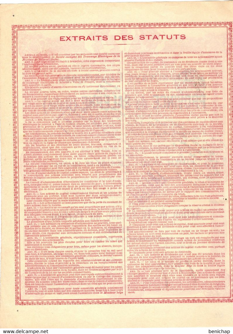Tramways Electrique De La Province De Salerme(Italie) - Action De Dividende Au Porteur - Bruxelles Novembre 1906. - Chemin De Fer & Tramway