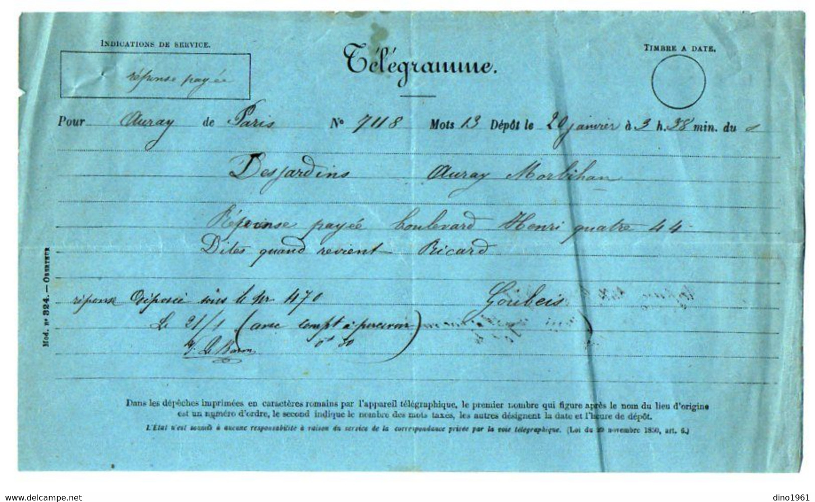 TB 3493 - 1880 - Télégramme D'ORLEANS Pour Mr DESJARDINS à AURAY ( Morbihan ) - Télégraphes Et Téléphones