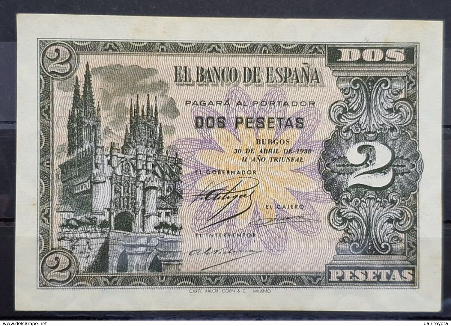 EDIFIL  429a.  2 PTAS 30 DE ABRIL DE 1938   SERIE N   SIN CIRCULAR Y CON MANCHAS DEL TIEMPO - 1-2 Pesetas