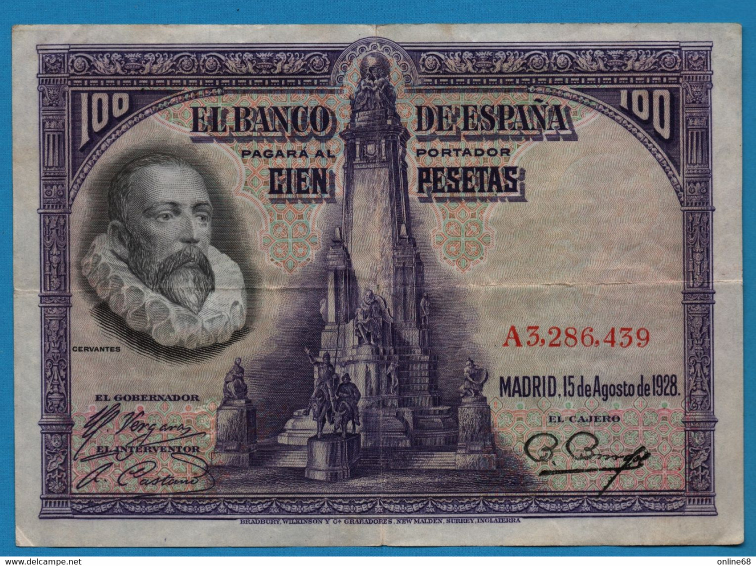 ESPANA 100 PESETAS 15.08.1928 # A3286439 P# 76 Miguel De Cervantes - 100 Pesetas