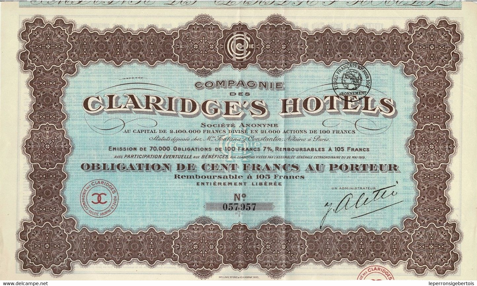 - Titre De 1919- Compagnie Des Claridge's Hôtels - - Tourisme