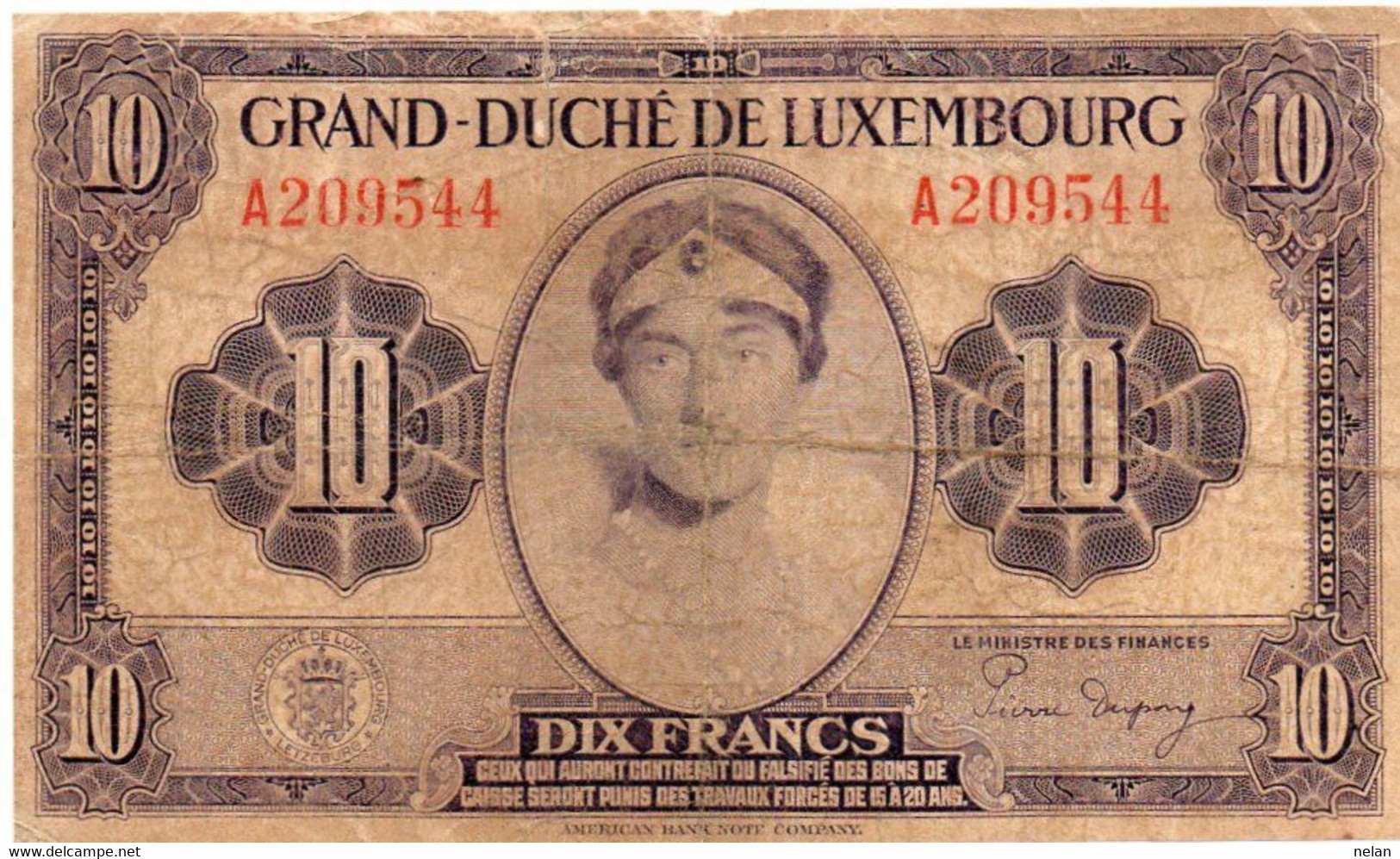 Grand-Duché De Luxembourg 10 Francs 1944 P-44a2  AF - Luxemburg