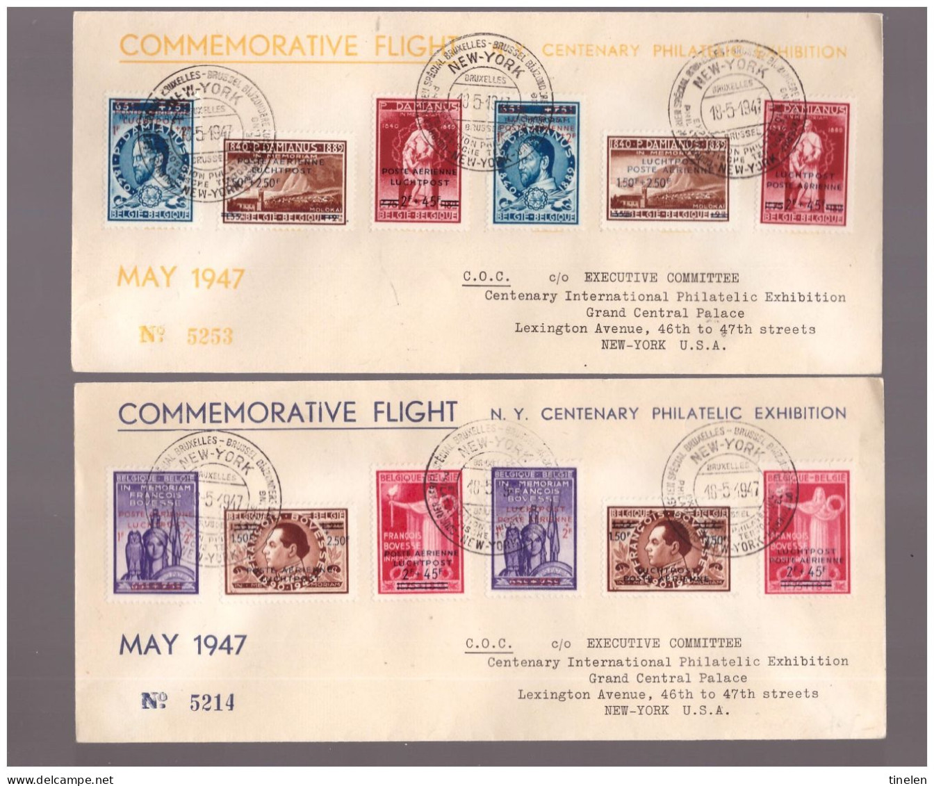 BELGIO - 18 5 1947 COMMEMORATIVE FLIGHT BRUSSELS - NEW YORK SABENA/SWISSAIR ESPOSIZIONE INT CIPEX  (SERIE COMPLETA P.A.) - ....-1951