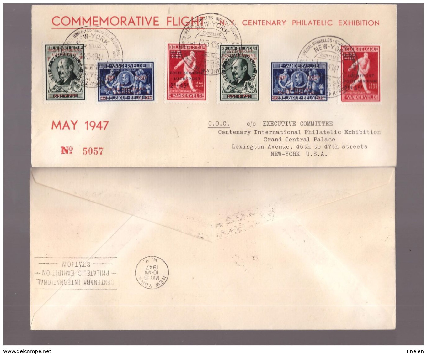 BELGIO - 18 5 1947 COMMEMORATIVE FLIGHT BRUSSELS - NEW YORK SABENA/SWISSAIR ESPOSIZIONE INT CIPEX  (SERIE COMPLETA P.A.) - ....-1951