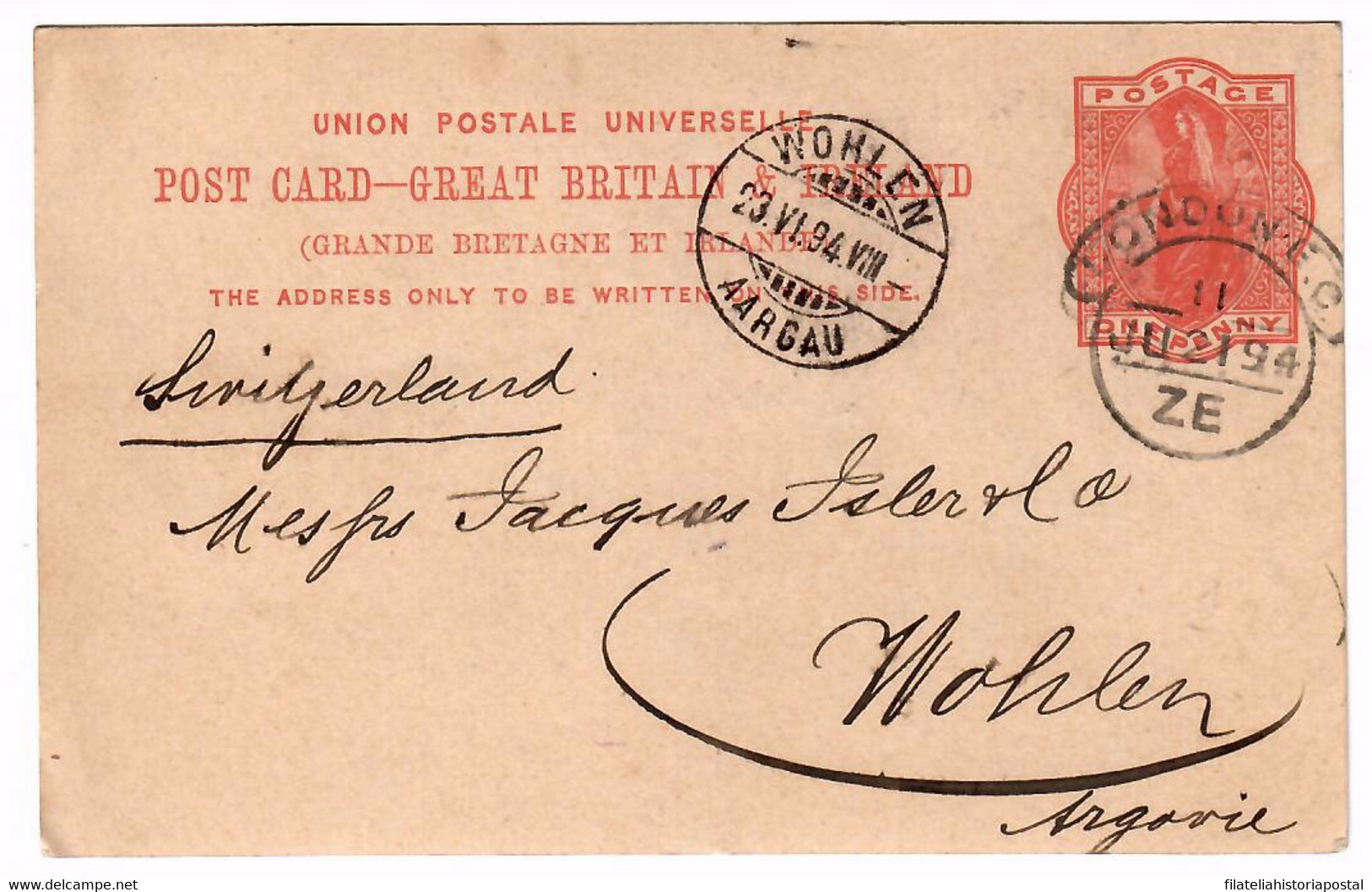 2024 GREAT BRITAIN GRANDE BRETAGNE GRAN BRETAÑA LONDON 1894 POSTAL STATIONERY WOHLEN AARGAU - Ohne Zuordnung