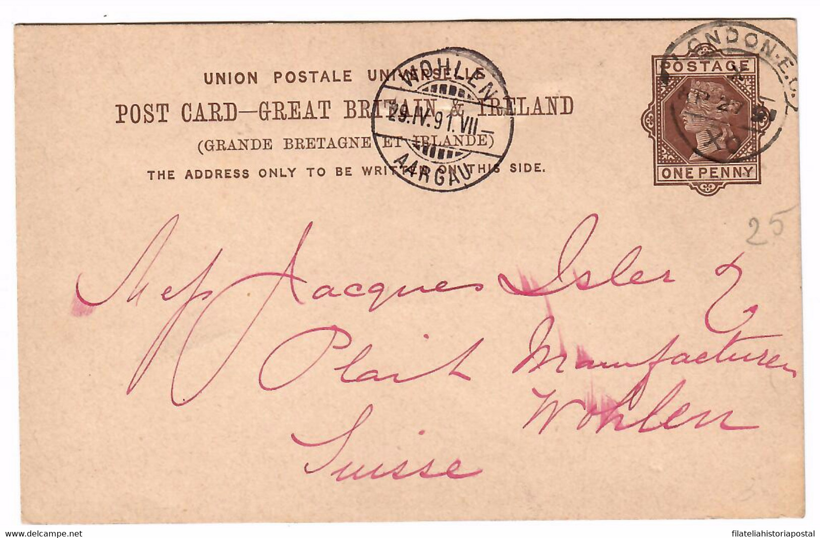 2025 GREAT BRITAIN GRANDE BRETAGNE GRAN BRETAÑA LONDON 1891 POSTAL STATIONERY WOHLEN AARGAU - Sin Clasificación