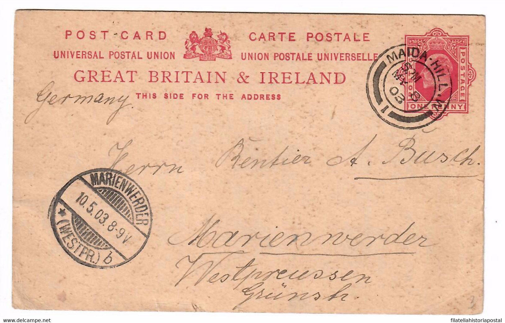 2028 GREAT BRITAIN GRANDE BRETAGNE GRAN BRETAÑA MAIDA - HILL 1903 POSTAL STATIONERY MARIENWERDER - Non Classés