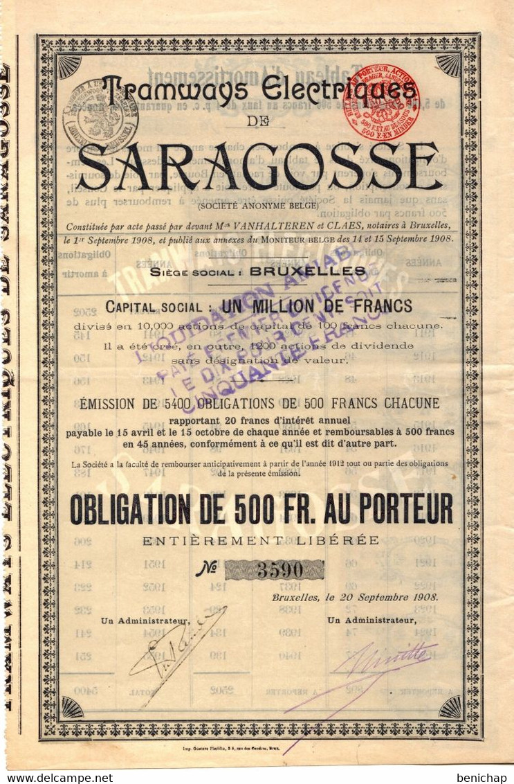 Tramways Electrique De Saragosse - Obligation De 500 Frs Au Porteur -  Bruxelles 1908 - Railway & Tramway