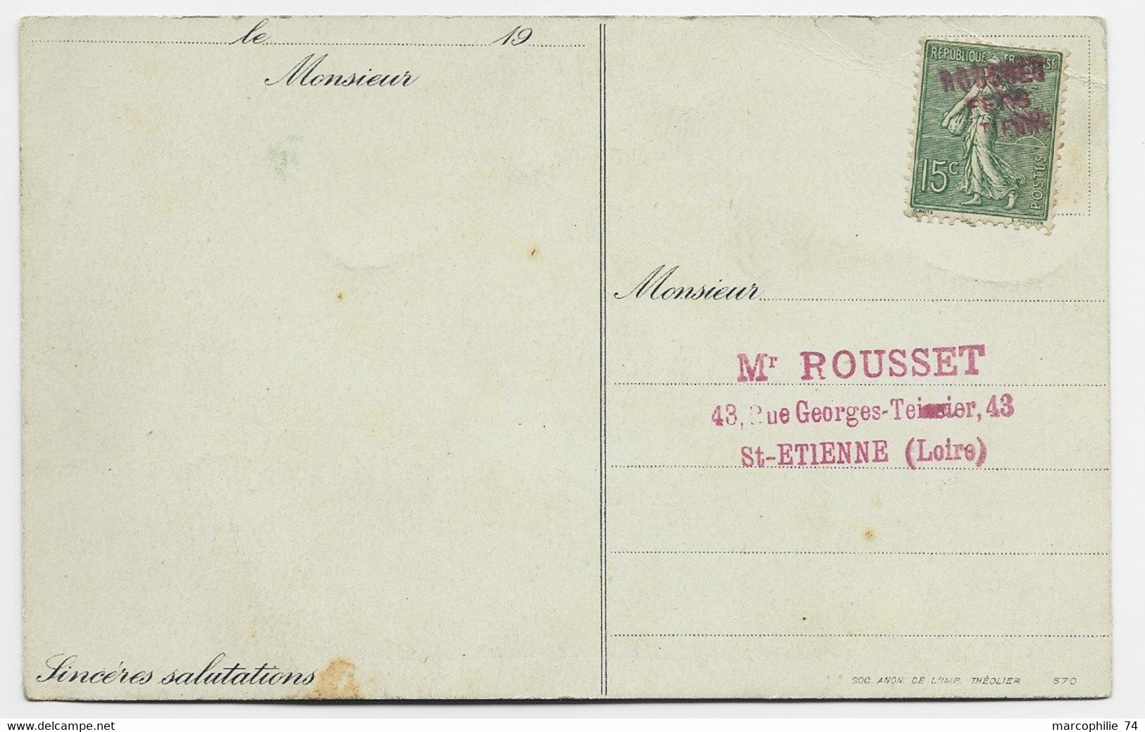 N° 130 ANNULATION GRIFFE ROUGE PRIVEE ROUSSET FERS CARTE PUB A. CELLE FERS ACIERS ROUSSET ST ETIENNE LOIRE - 1877-1920: Semi Modern Period